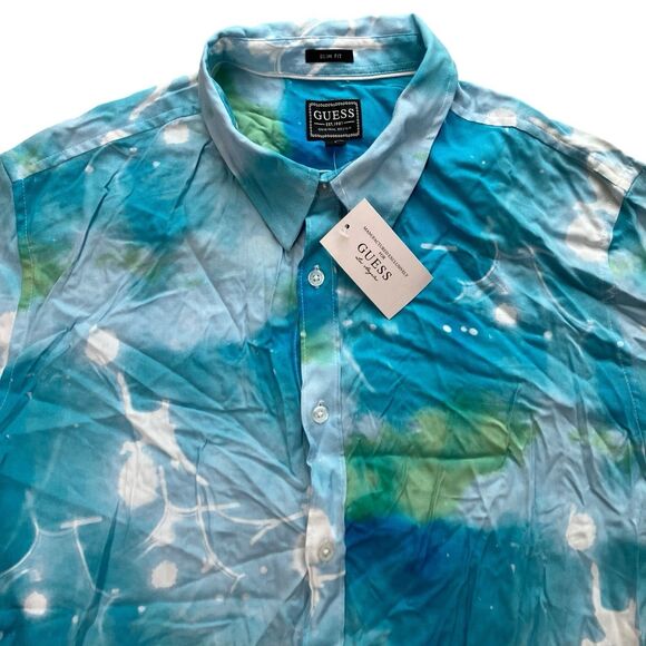 GUESS Other - GUESS Shirt Mens L Blue Slim Fit Submerged Button-Up Short Sleeve Tropical Beach